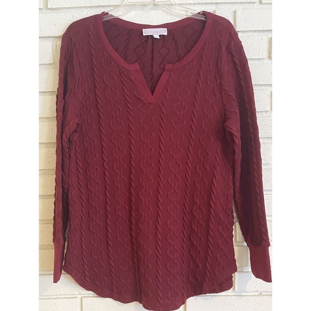 Weekend by Suzanne Betro Burgundy Long Sleeve Ribbed Sweater Blouse sz. Large
